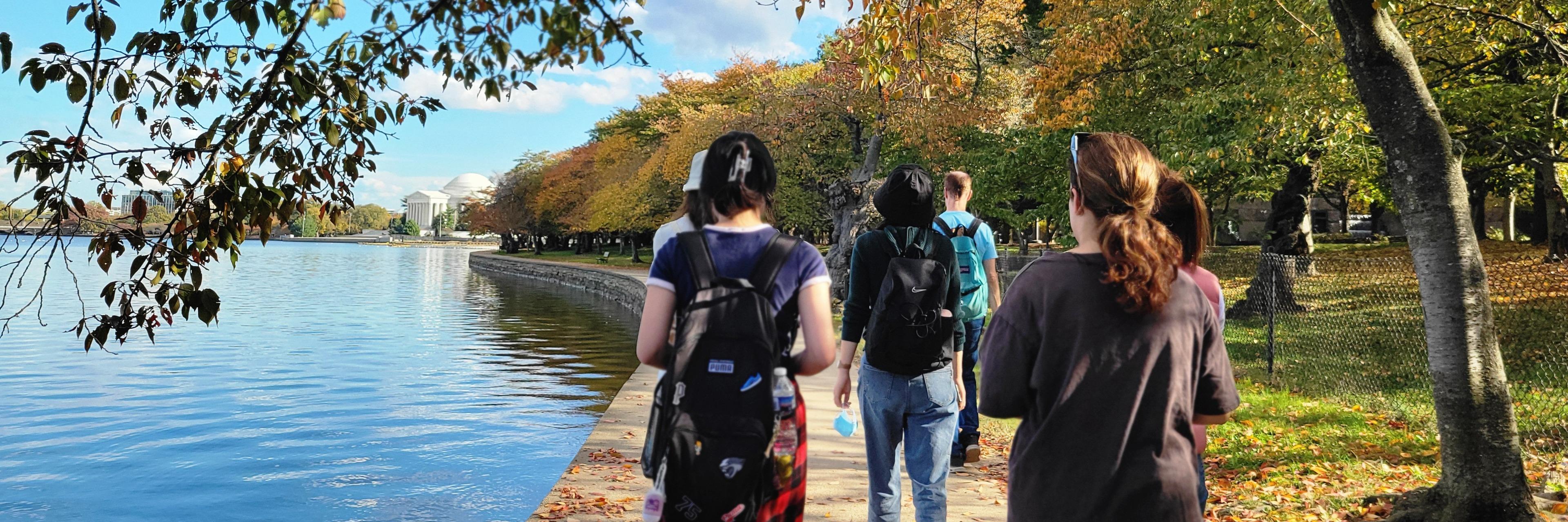 IEP students and faculty walking around the tidal basin in Washington, DC